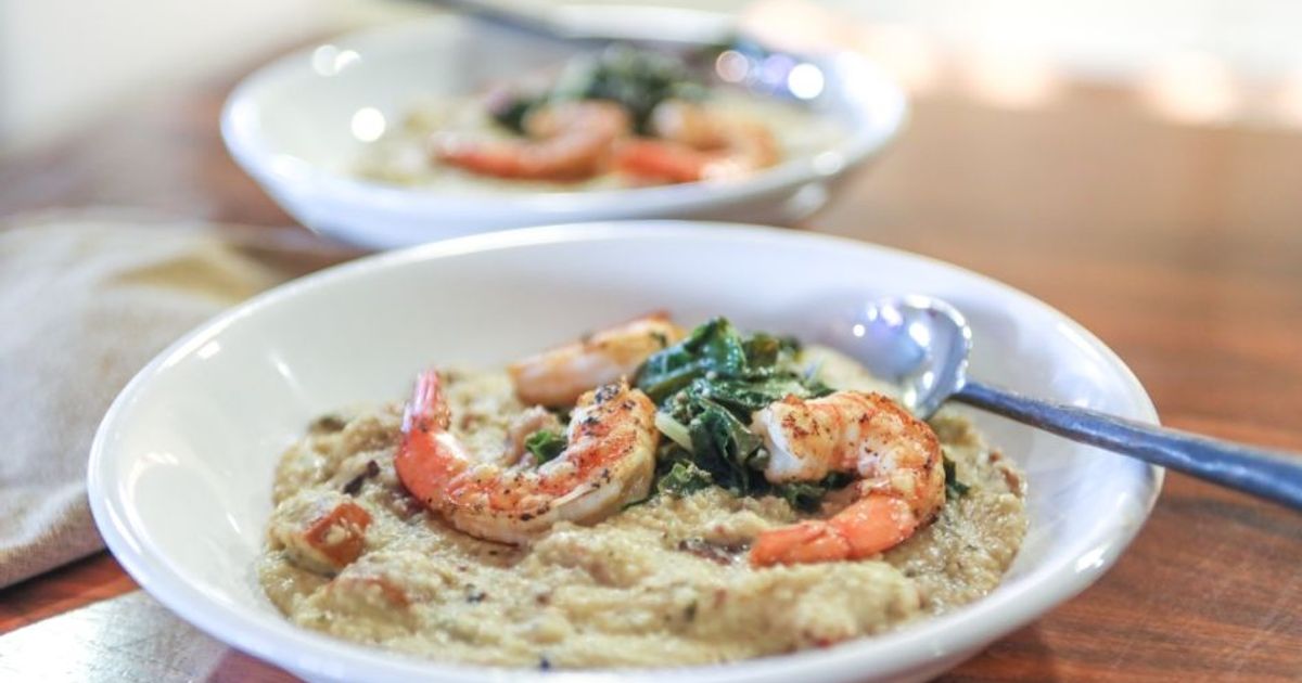 Andouille, Bacon & Shrimp Grits with Garlicky Greens