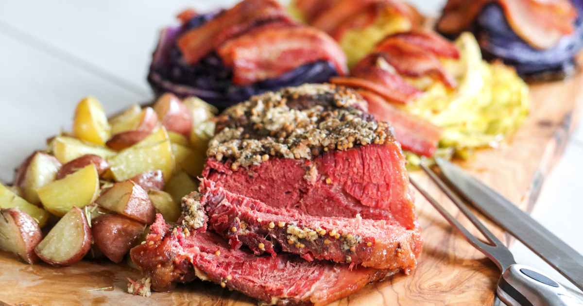 Crusted Corned Beef with Roasted Cabbage, Bacon, and Stout Reduction